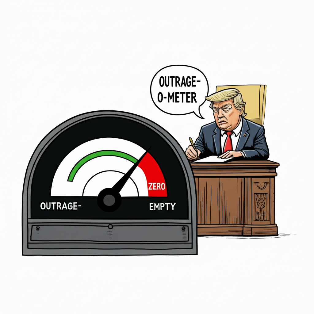 Political cartoon of an 'Outrage-O-Meter' needle on empty, while Donald Trump quietly signs a bill in the background.