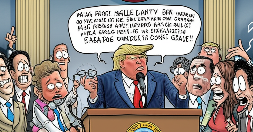 Political cartoon of Donald Trump at a podium, speaking like a confused AI from the future to bewildered reporters.
